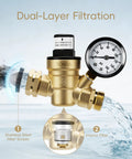 TONDA RV water pressure regulator with gauge, brass lead-free body and dual-layer filtration