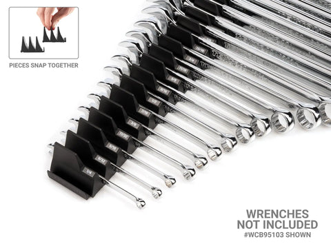 80 Tool Modular Wrench Organizer Set Black With 12 One Tab Modules And 24 Three Tab Modules Plus Label Sheet For Easy Garage And Shop Organization And Quick Access In The Home Or Pros Shop Made In USA displaying black modules and chrome wrenches.
