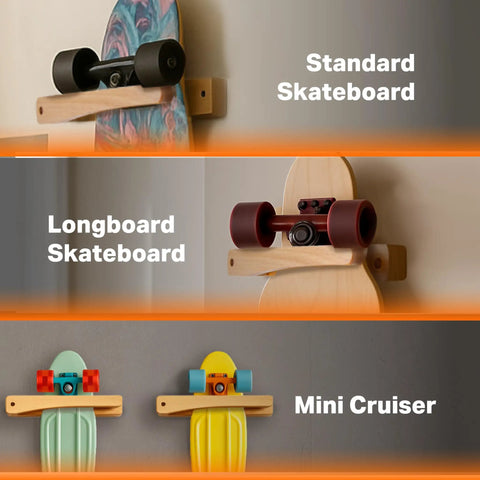 Premium Wooden Vertical Skateboard Wall Mount Rack And Heavy Duty Storage Hanger For Standard Decks displayed with standard, longboard, and mini cruiser.