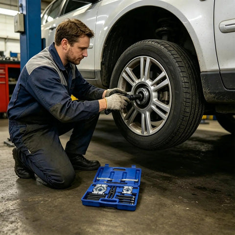 Professional Grade 14 Piece Automotive Bearing Puller Kit With Dual Disc Separator Aid To Remove Bearings Safely For Cars Or Motorcycles Great For Wrenching Fans Who Want Fast Results Using A Killer Puller Kit For Trucks And Bikes, mechanic using puller on car wheel bearing