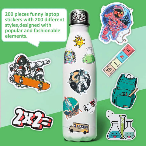 Science Sticker Pack 200 Pcs For Students And Teachers displayed on a water bottle featuring space, chemistry, and school-themed decals