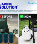 Comparison of small propane tanks with a large tank connected to a grill using an 8 Ft QCC1 Propane Regulator And Adapter Hose.