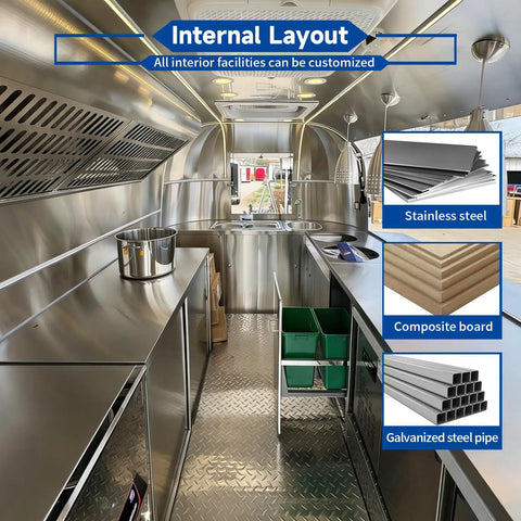 Internal layout of 13 Foot White Mobile Catering Trailer Turnkey Commercial Food Truck With Fully Equipped Kitchen Setup Dot Approved.