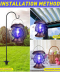 Solar Bug Zapper Outdoor Waterproof Mosquito Killer Lamp With Plastic Ring For Yard And Patio Solar Powered Insect Zapper Antique Bronze Finish Pack Of 2 Easy Switch Nighttime Bug Light showing installation methods: ground insertion, suspension, horizontal placement.