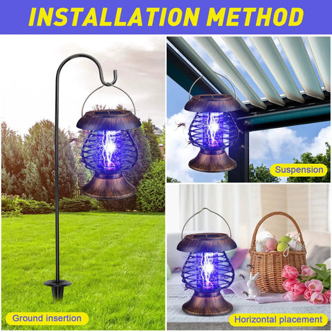 Solar Bug Zapper Outdoor Waterproof Mosquito Killer Lamp With Plastic Ring For Yard And Patio Solar Powered Insect Zapper Antique Bronze Finish Pack Of 2 Easy Switch Nighttime Bug Light showing installation methods: ground insertion, suspension, horizontal placement.