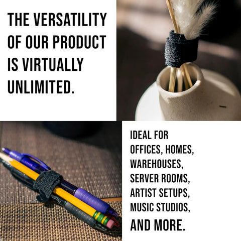 Reusable 6 Inch Hook and Loop Cable Ties securing vase and pens, showcasing versatile use for cable management and organization.