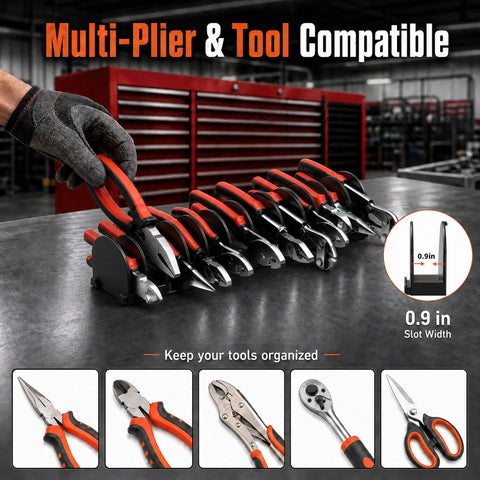 Heavy Duty Modular Plier Organizer For Tool Box Drawers with multiple tools organized in 0.9 inch slots on a workbench.