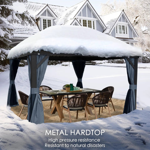 10 By 12 Foot Hardtop Gazebo With Rugged Aluminum Frame And Galvanized Steel Double Roof, Outdoor Pavilion In Snowy Backyard