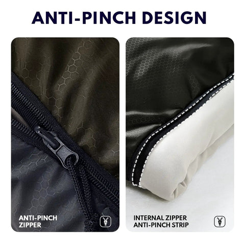 Close-up of XXL Winter Sleeping Bag For Adults And Kids, 4 Season Cold Weather Camping Gear with anti-pinch zipper design.