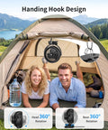 Eight Inch Portable Misting Fan With Secure Clip Mount Heavy Duty Battery Operated Cooling Setup shown in a camping tent.