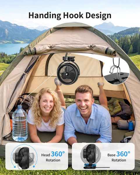 Eight Inch Portable Misting Fan With Secure Clip Mount Heavy Duty Battery Operated Cooling Setup shown in a camping tent.