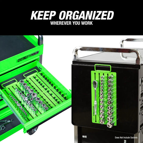 Pro Magnetic Socket Tray With Customizable Ratchet Organizer And Adjustable Drive Studs in toolbox and on cart