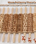 Multiple wooden rolling pins with holiday patterns for baking, featuring Christmas designs, engraved on beech wood.