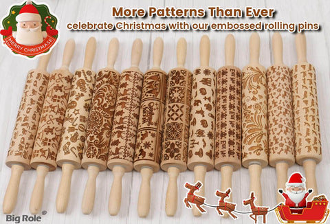 Multiple wooden rolling pins with holiday patterns for baking, featuring Christmas designs, engraved on beech wood.