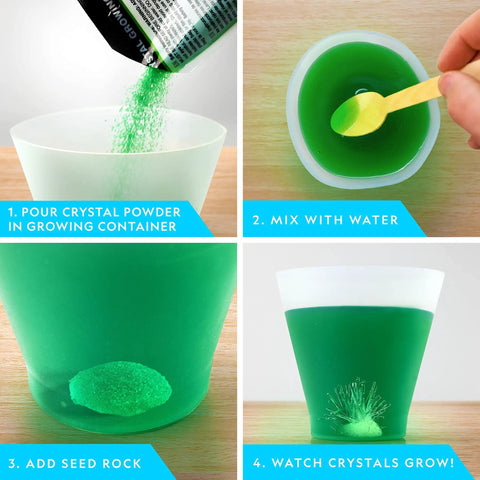 Awesome Crystal Growing Kit For Kids With Light Up Display Stand Grow Three Vibrant Crystals showing step-by-step crystal growing process.