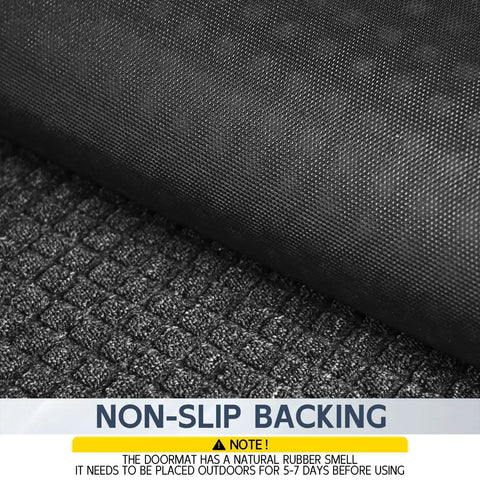 Close-up of all weather front door mat indoor outdoor 72 inch by 36 inch non slip rubber backing welcome floor mat texture and backing.