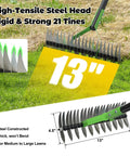 Close-up of 65 Inch Thatch Rake With 21 Teeth, dual-sided 13 inch wide steel head, shown with measurements and features for lawn care.
