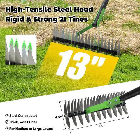 Close-up of 65 Inch Thatch Rake With 21 Teeth, dual-sided 13 inch wide steel head, shown with measurements and features for lawn care.