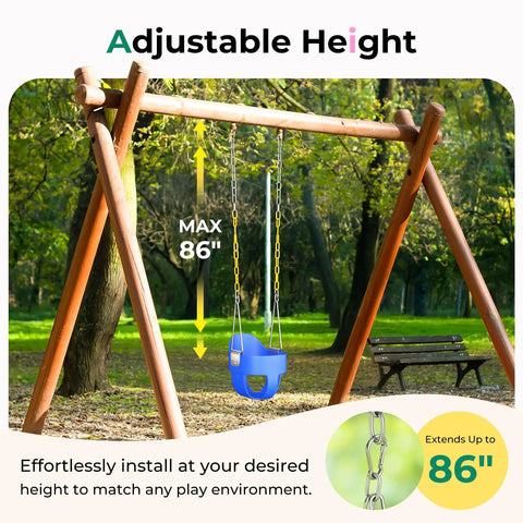 Toddler Swing Seat With Coated Chains And High Back Full Bucket Chair For Outdoor Backyard Fun Heavy Duty Kid Friendly Baby Swing Kit In Blue on wooden frame