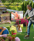 Man using Heavy Duty Manual Lawn Aerator With 15 Spike Dual Layer Self Cleaning Spikes For Compact Soil in garden