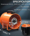 Heavy Duty 12 Inch Utility Blower Fan Portable Exhaust Ventilator With 16.4 Ft Duct Hose High Velocity Airflow At 3420 RPM 790W Motor