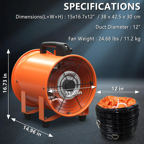 Heavy Duty 12 Inch Utility Blower Fan Portable Exhaust Ventilator With 16.4 Ft Duct Hose High Velocity Airflow At 3420 RPM 790W Motor