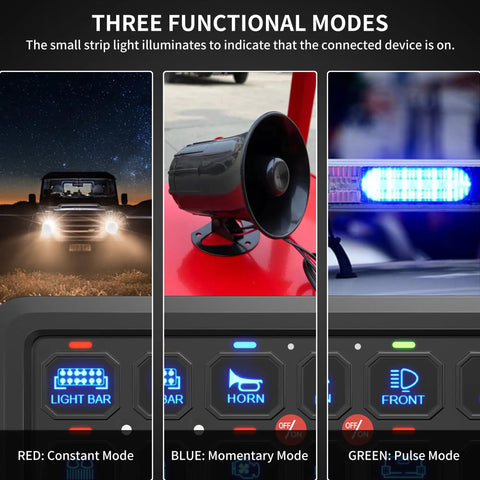 8 Gang Switch Panel With RGB LED Lights showing light modes, momentary horn, and pulse light features for vehicles and boats.