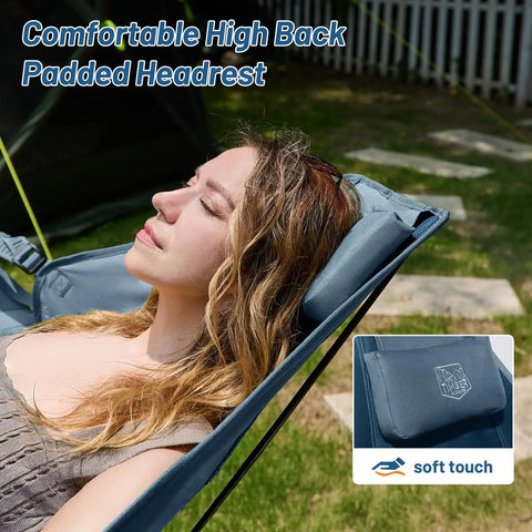Woman relaxing in Heavy Duty Folding Hammock Chair With Adjustable Backrest And Padded Seat For Cozy Outdoor Comfort Supports Up To 300 Lbs Portable Folding Camping Chair For Travel Patio Or Beach Blue