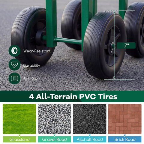 All Terrain Garden Cart With Swivel Seat Rolling Work Stool For Yard And Lawn Adjustable 360 Degree Seat Outdoor Planting Scooter Green Heavy Duty Castors, close-up of wheels.