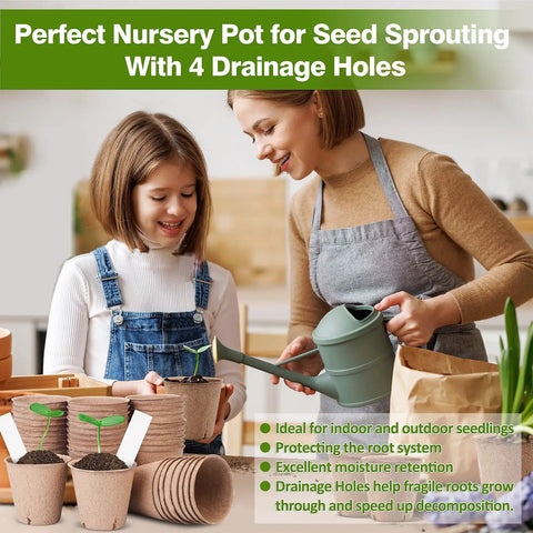 Eco Friendly Peat Pots For Seedlings 3.15 Inch Biodegradable Seed Starter Pots with Ten Plant Labels and Drainage Holes No Mess 40 Pack for indoor and outdoor garden germination.