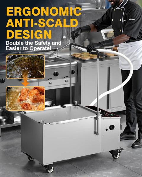 Heavy Duty Commercial Fryer Oil Filter Machine That Goes Hard With No Nonsense Five Layer Filtration For Top Tier Kitchen Cleaning And Smooth Operations. Stainless steel unit with ergonomic design in action.