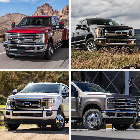 Red Tow Hook Covers for Ford Super Duty F250 F350 F450 2017 2026 Hitch Cover Set, installed on various truck models