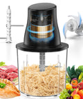 Turnrise Electric Chicken Shredder Tool with Double S-Blades, clear bowl with shredded chicken, vegetables, and meat displayed around.
