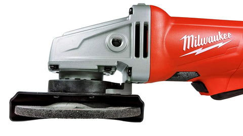 Five Pack 4-1/2 Inch Hubbed Grinding Wheels mounted on a red angle grinder