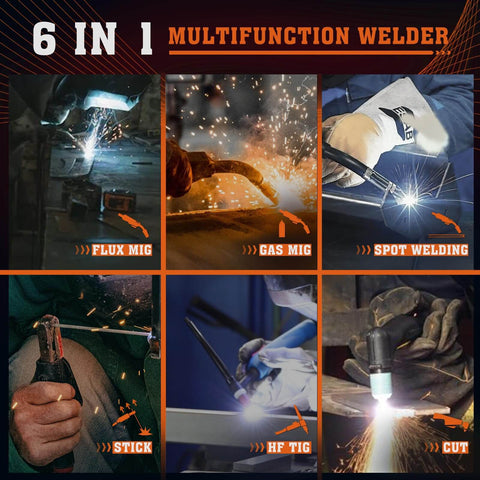 All In One 6 In 1 Welding Machine For Home DIY Pros Gas MIG Flux MIG Plasma Cut HF TIG Stick And Spot Weld 110 220V Dual Voltage Aluminum Welder Built For Portable Heavy Duty Everyday Metalworking with images of welding modes.