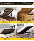 Various applications of Super Heavy Duty Hydraulic Bed Lift Mechanism 4.6 Ft Gas Spring Platform in storage beds, sofa beds, and tatami beds.