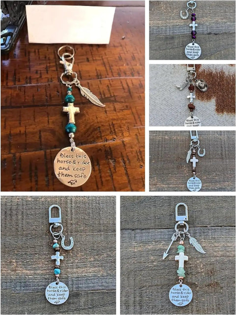Saddle And Bridle Charm Clip Made From Premium Leather Strings With Clip Bless This Horse And Rider Keep Them Safe displayed