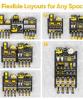 Heavy Duty Wall Mount Tool Organizer With Six Adjustable Shelves And Cordless Drill Holder, various layouts displayed.