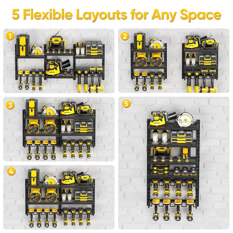 Heavy Duty Wall Mount Tool Organizer With Six Adjustable Shelves And Cordless Drill Holder, various layouts displayed.