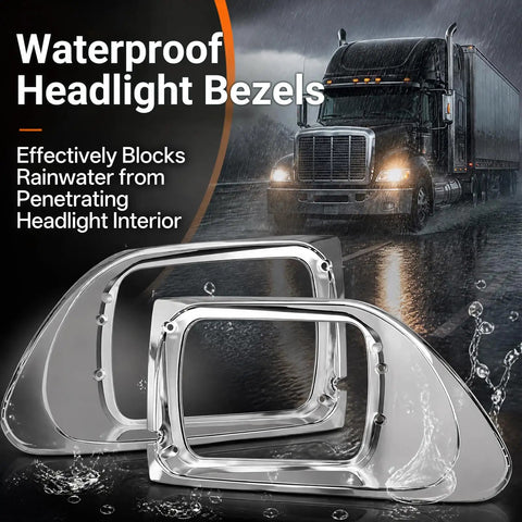 Chrome Headlight Bezels For International Trucks 9200 9200i SBA 5900 5900i SBA 9400 9400i SBA Pair in rain with truck