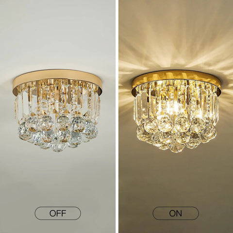 Gold Round Crystal Chandelier Ceiling Light With G9 Mount, 3 Light Pendant, Modern Glam Fixture For Living Room Dining Hallway, Sparkling Crystal Orbs And Triangle Accents, 9.85 Inch Diameter, Easy Mount, Lux Look