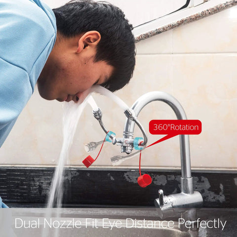 Emergency Eyewash Station With Dual Spray Heads For Lab, Factory, Office And Home Faucet Mounted Eye Wash System With Filtered Water, No Wait Hands Free Operation, 4 Adapters Included