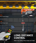 CREWORKS electric hoist side view mounted to warehouse ceiling; orange housing with hook and 328 ft wireless remote range.