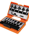 One Quarter Inch Router Bit Set With Tungsten Carbide Tips And Black Powder Coat Finish, 12 Piece Kit in orange case