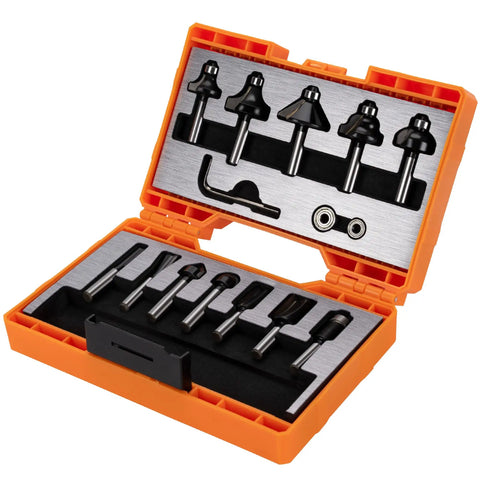 One Quarter Inch Router Bit Set With Tungsten Carbide Tips And Black Powder Coat Finish, 12 Piece Kit in orange case