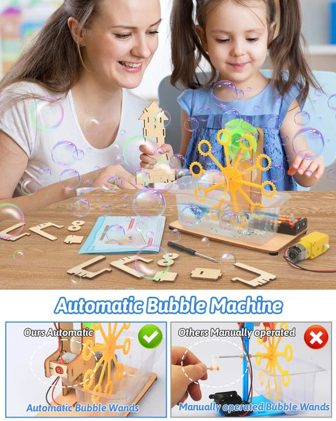 Child building an automatic bubble machine from the Six In One STEM Kit For Kids Ages 8 To 13, Wooden 3D Puzzles And Building Projects.
