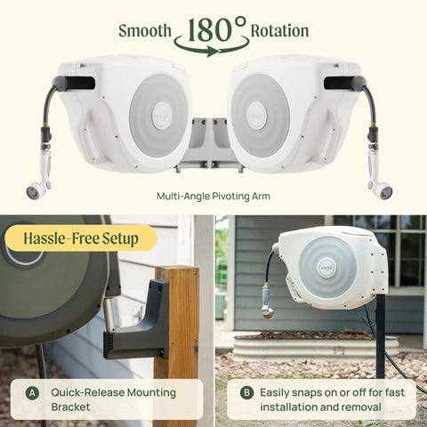 Retractable Garden Hose Reel With Automatic Rewind Easy Setup Wall Mounted 100 Ft Seaweed Green multi-angle pivoting arm view