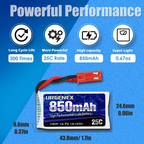 3.7V 850mAh LiPo Battery With JST Plug And X5 Charger specifications and features for RC drones