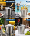 Two Pack 3 Quart Stainless Steel Ice Buckets With Handles, Wide Rim Beverage Tubs For Beer And Wine, Party Chill Kit shown with drinks.