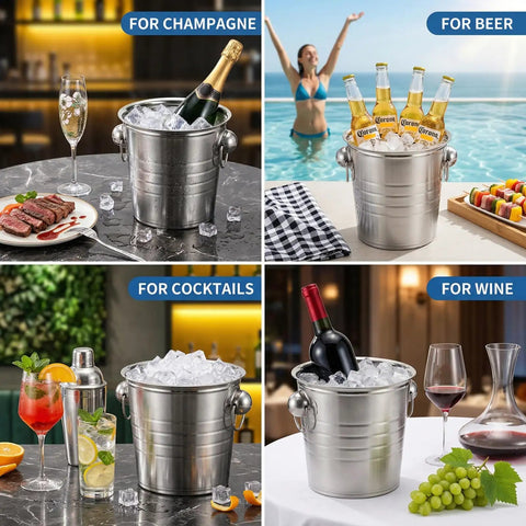 Two Pack 3 Quart Stainless Steel Ice Buckets With Handles, Wide Rim Beverage Tubs For Beer And Wine, Party Chill Kit shown with drinks.